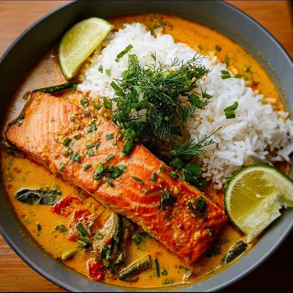 Authentic Thai Coconut Curry dish featuring salmon and vibrant vegetables