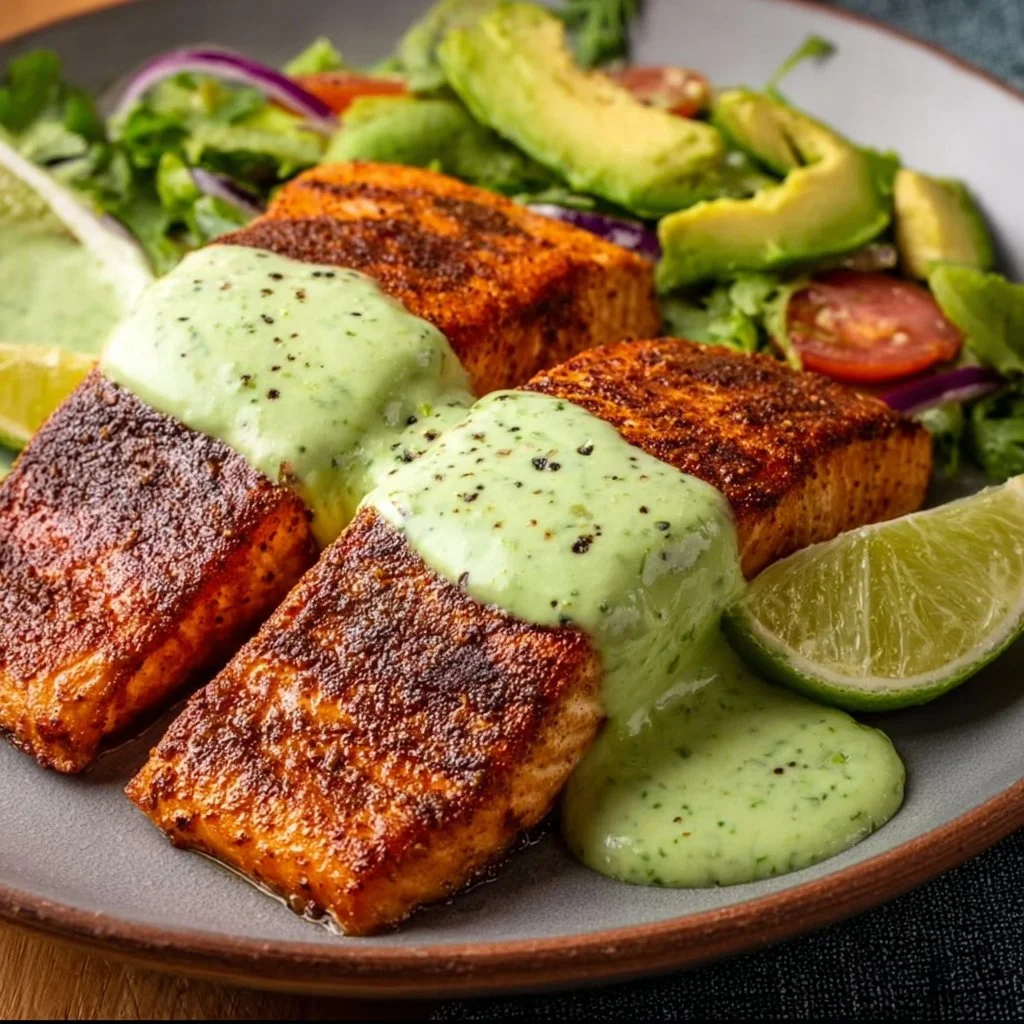 Cajun Salmon Delight topped with creamy avocado lime sauce
