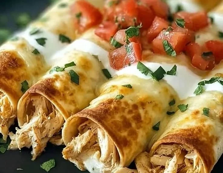Creamy Baked Chicken Taquitos on a plate, garnished with cilantro