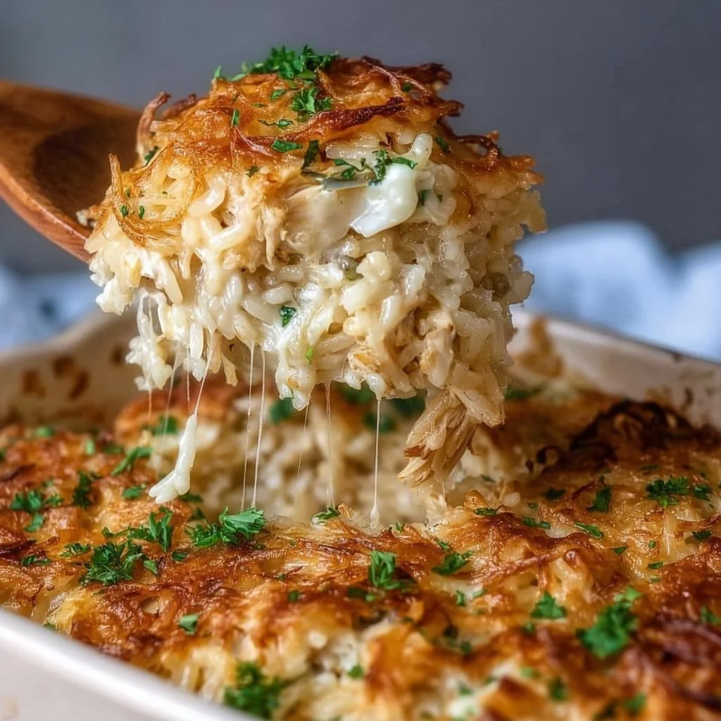Creamy French onion chicken casserole with rice, topped with melted cheese