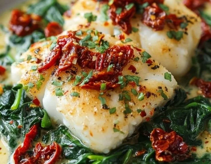 Creamy Keto Tuscan Cod with spinach and sun-dried tomatoes dish