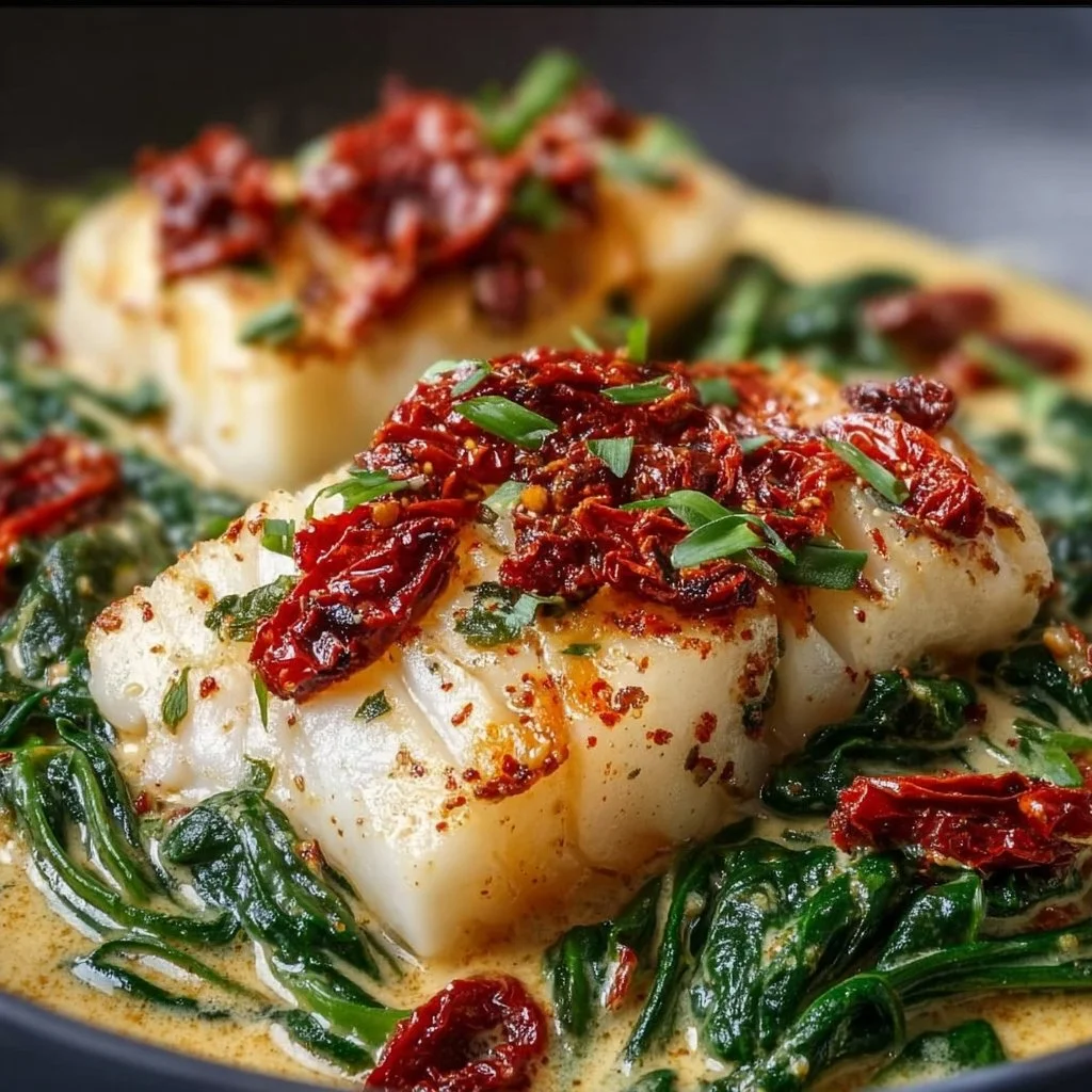 Creamy Keto Tuscan Cod: Flavorful Delight with Spinach and Sun-Dried Tomatoes