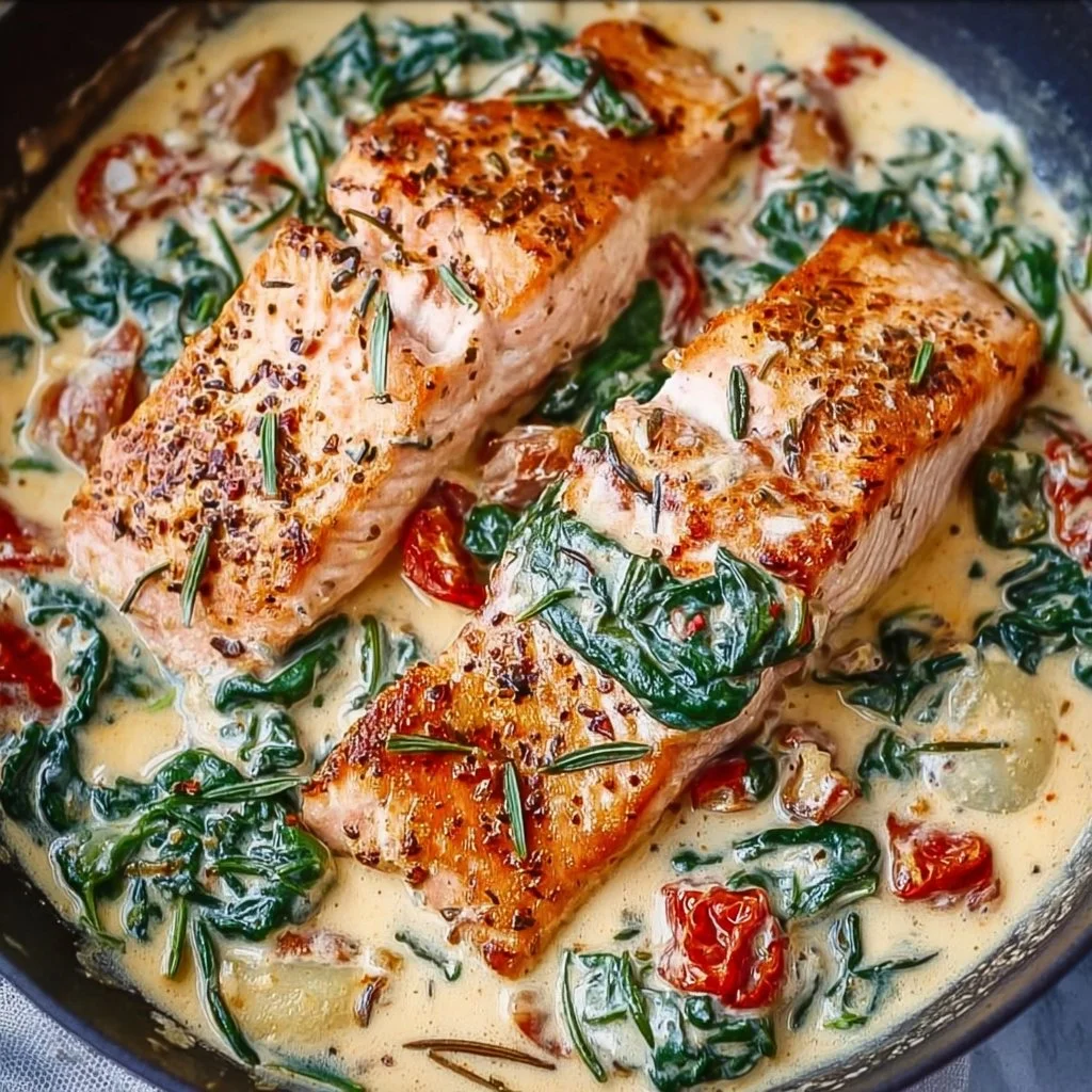 Creamy Tuscan salmon plated with fresh herbs and parmesan cheese.