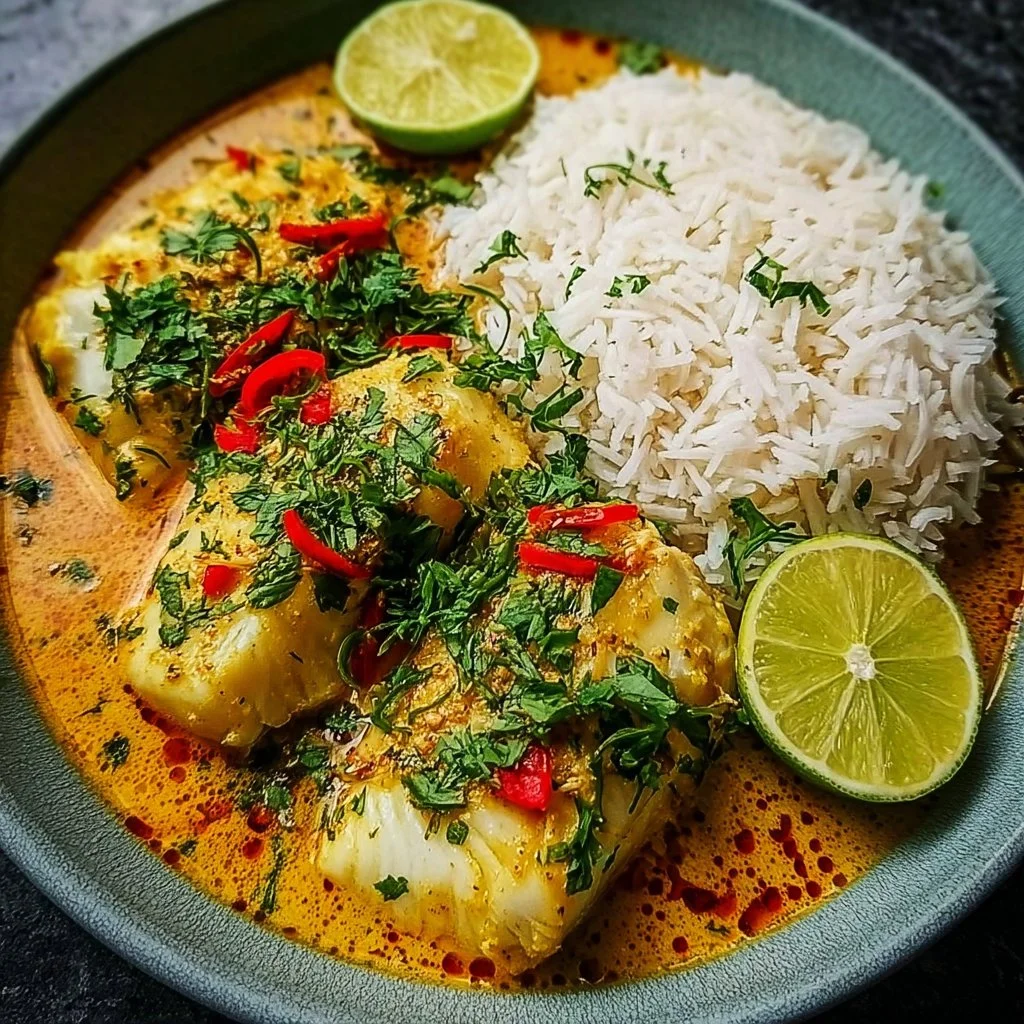 Coconut lime fish curry served with fragrant jasmine rice in a colorful bowl.
