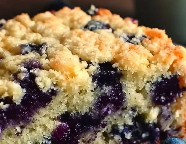 Irresistible blueberry buttermilk breakfast cake topped with fresh berries