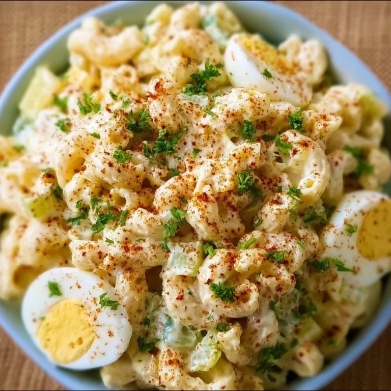 Plate of deviled egg macaroni salad garnished with herbs
