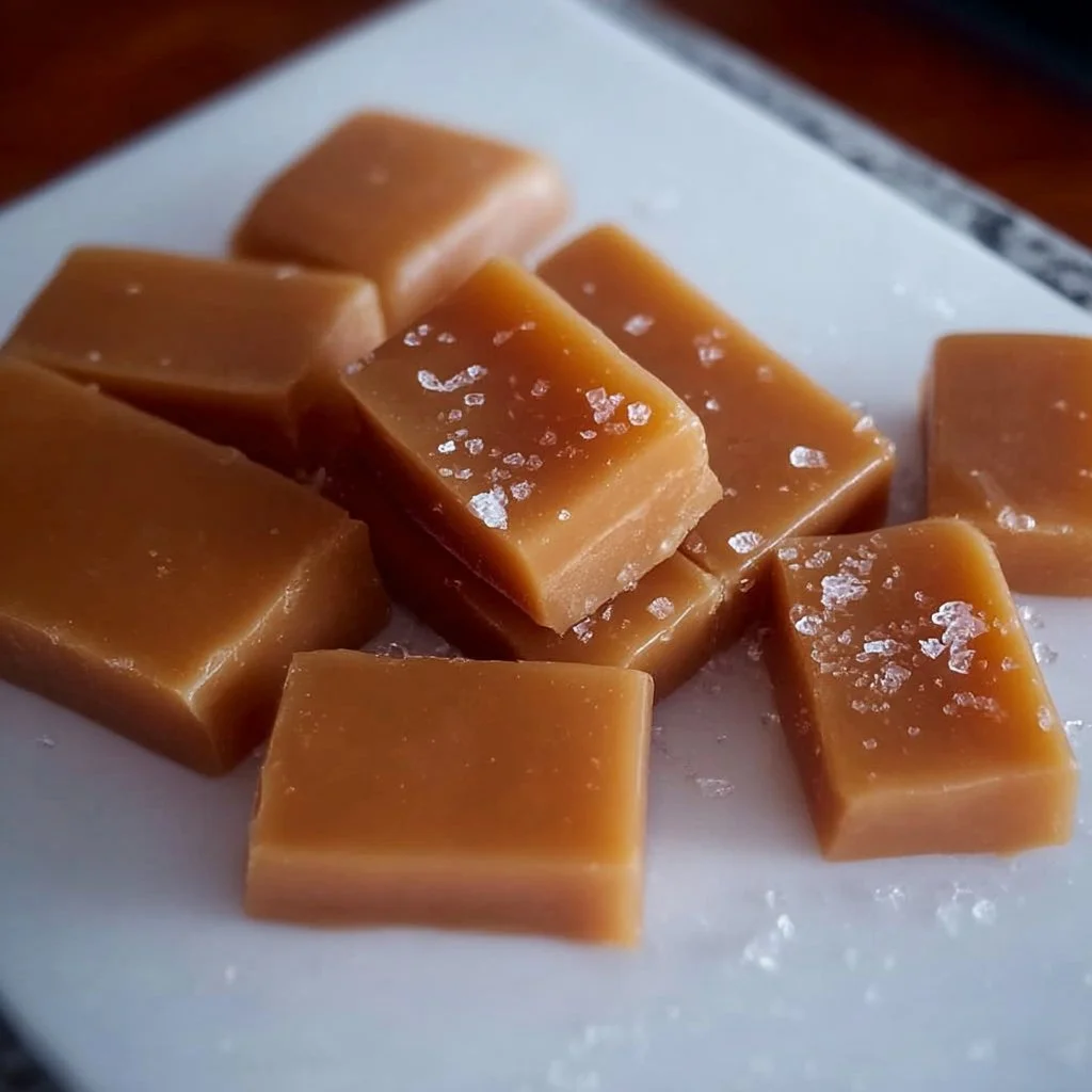 Plate of delicious homemade caramels drizzled with sea salt