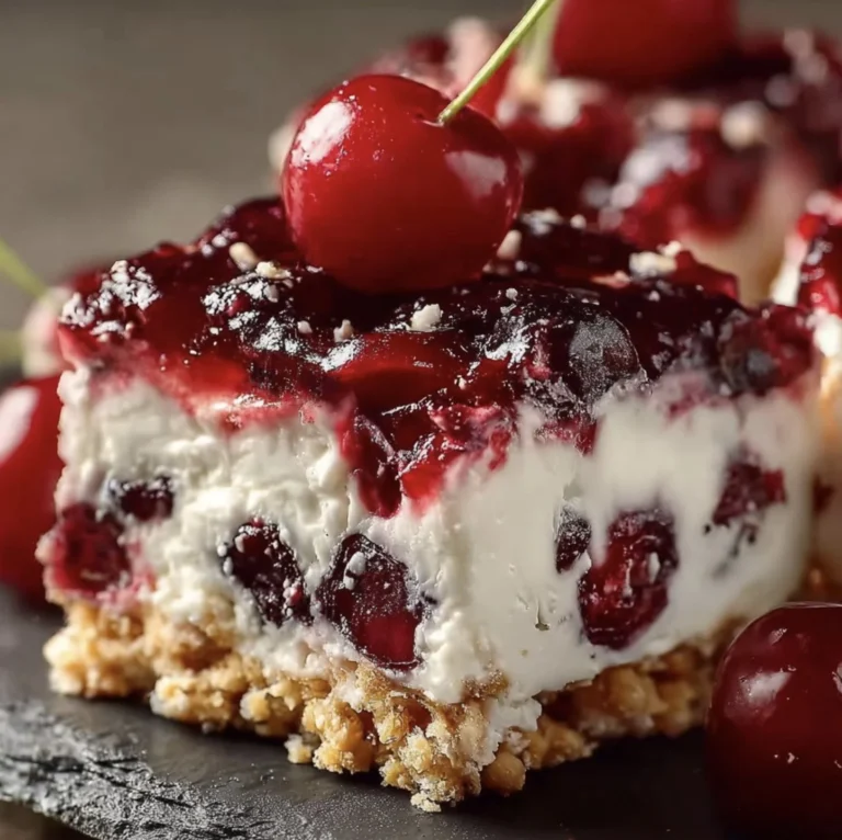 Delicious no-bake cherry delights dessert served in a beautiful dish.