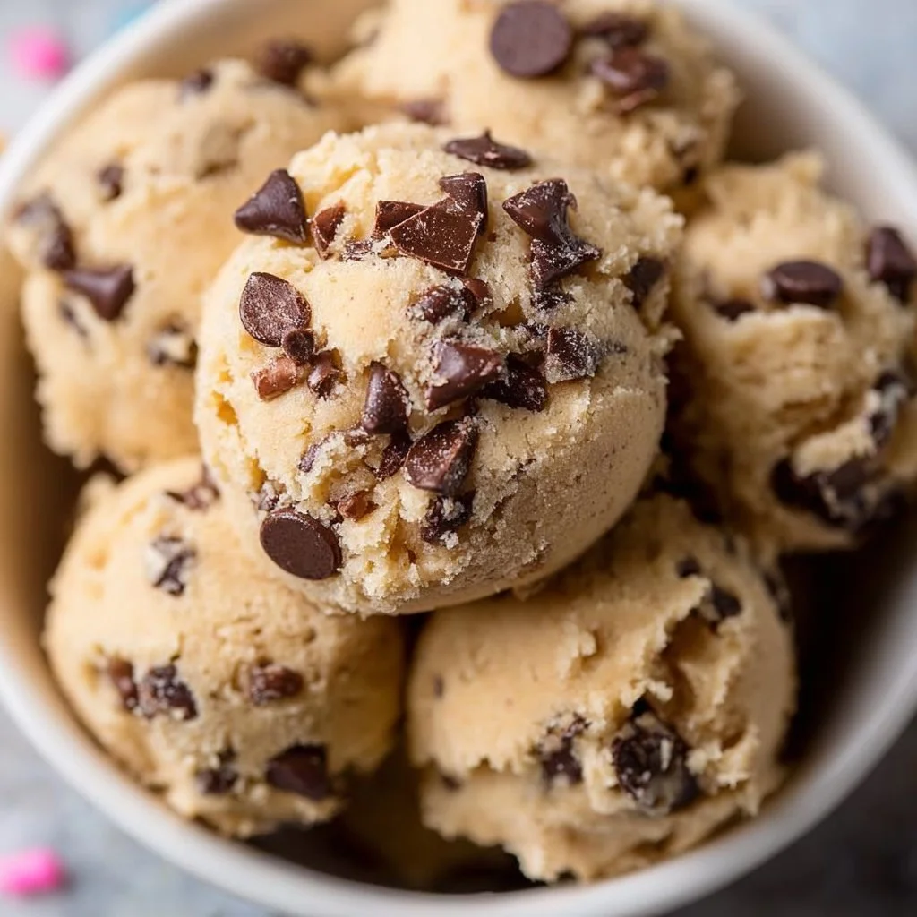 Delicious homemade edible cookie dough topped with chocolate chips