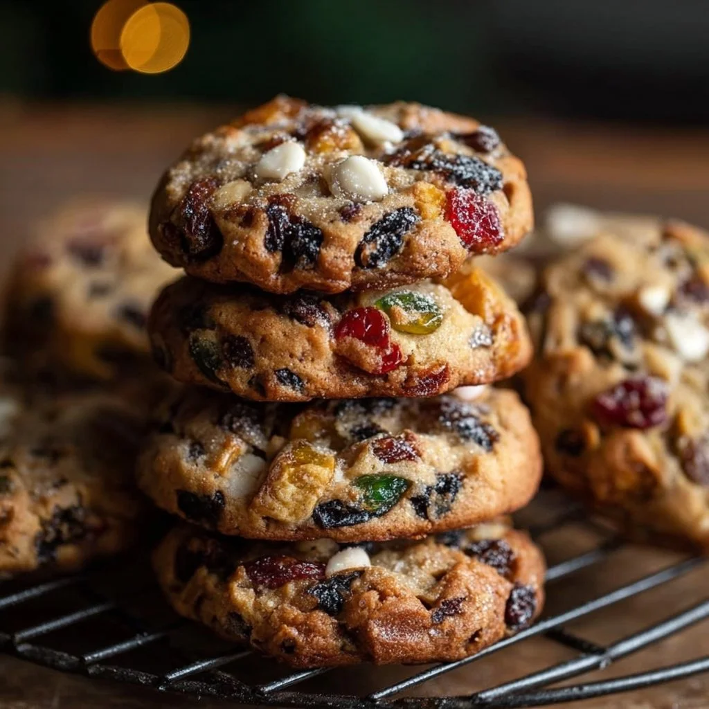 Delicious homemade fruitcake cookies on a festive plate.