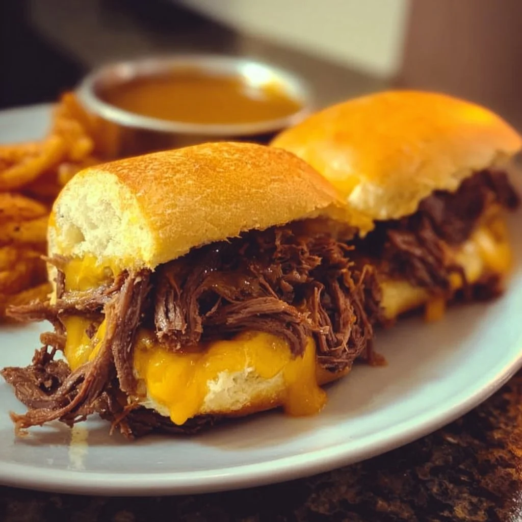 Delicious melt-in-your-mouth crockpot beef and cheddar sandwiches ready to serve.