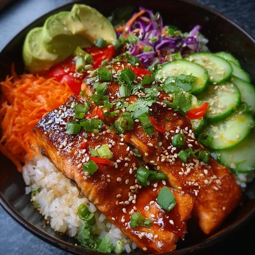 Delicious Honey Sriracha Salmon bowl garnished with fresh vegetables