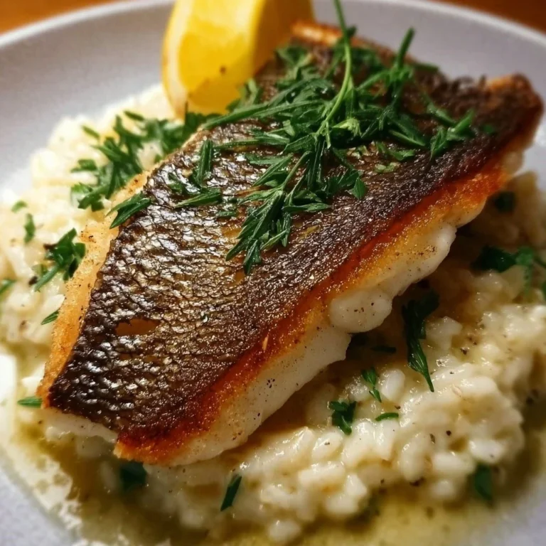 Pan seared sea bass with lemon herb risotto on a white plate
