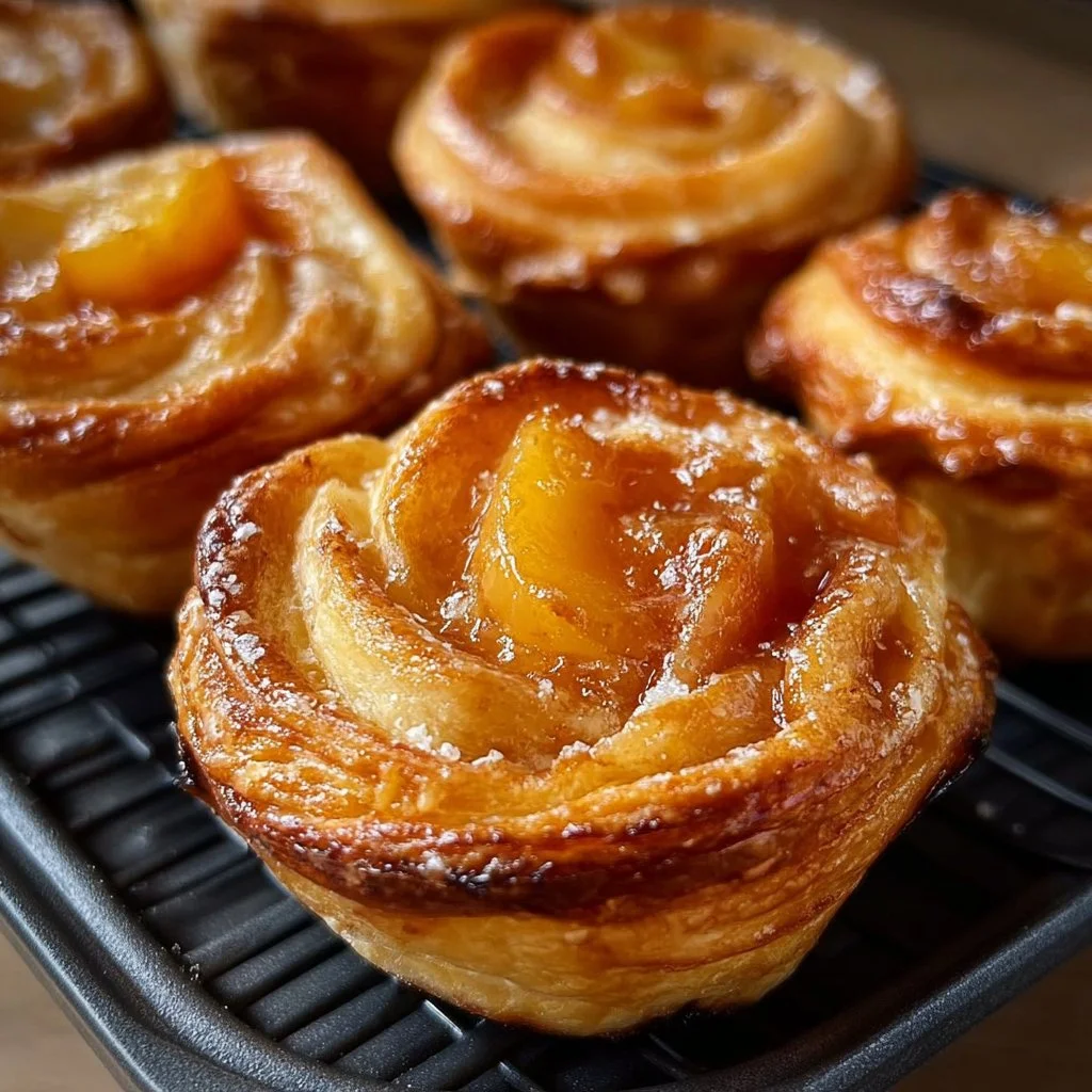 Peach Pie Cruffins with juicy peach filling and flaky pastry