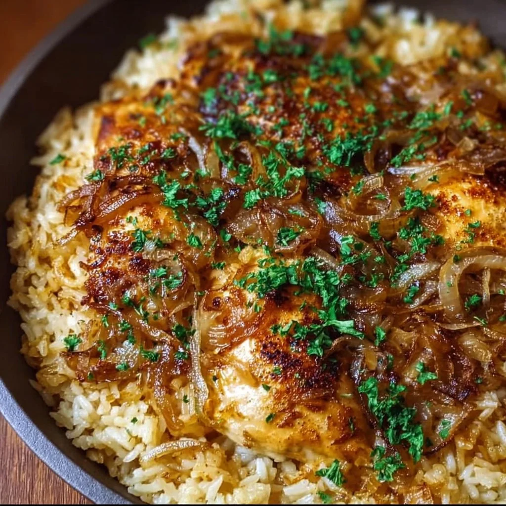 Delicious Rustic French Onion Chicken & Rice Skillet dish served in a skillet