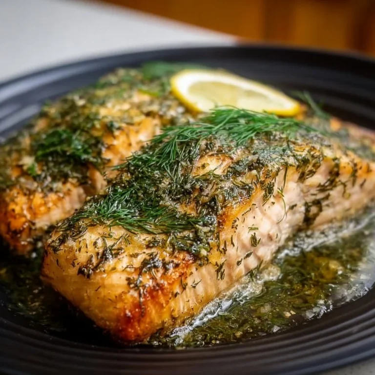Savory garlic dill salmon dish served on a plate with fresh herbs