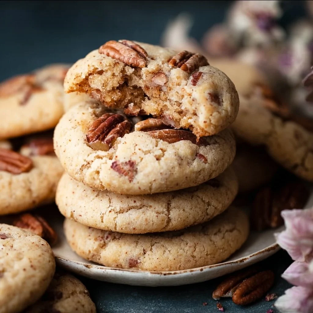 Delicious soft butter pecan cookies on a plate, fresh out of the oven.