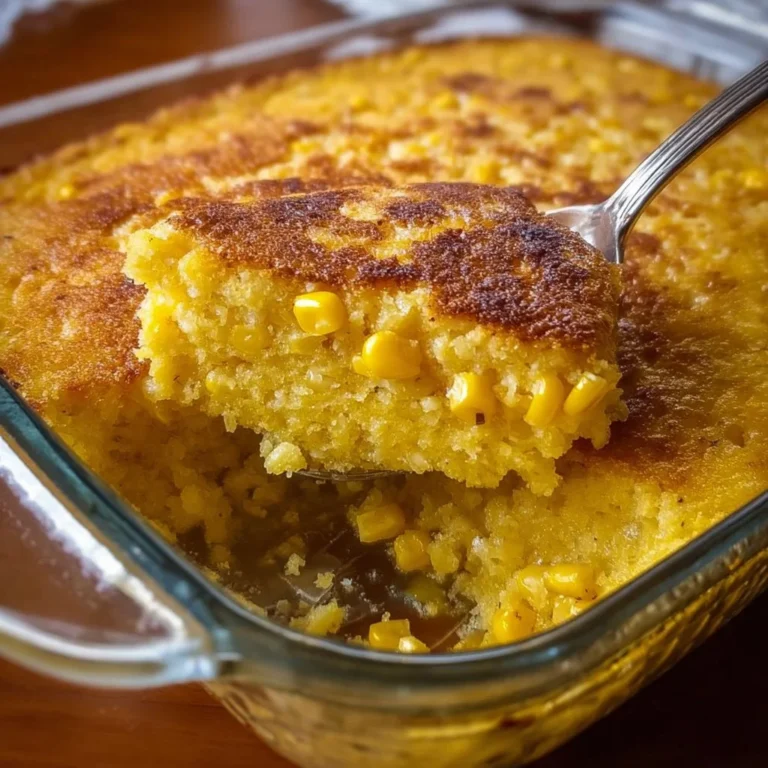 Delicious creamy corn casserole served in a baking dish
