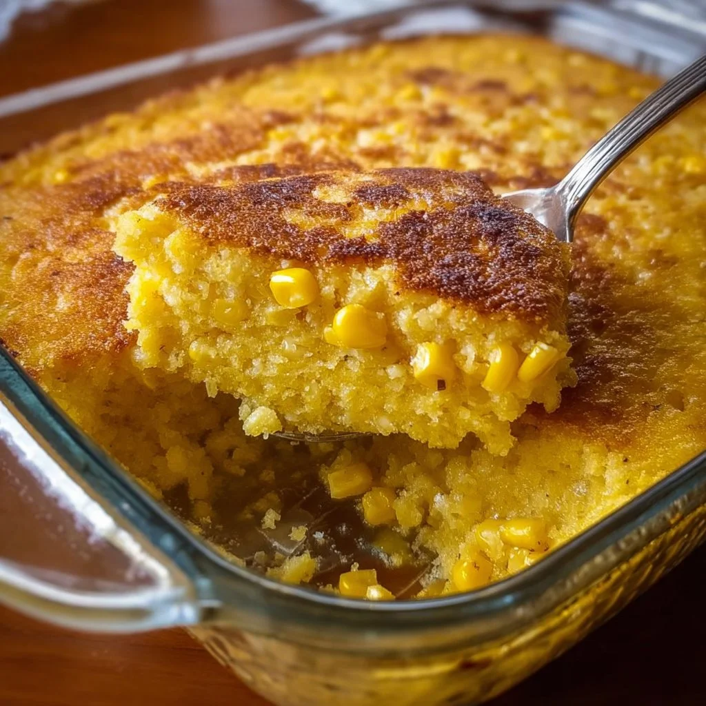 Delicious creamy corn casserole served in a baking dish