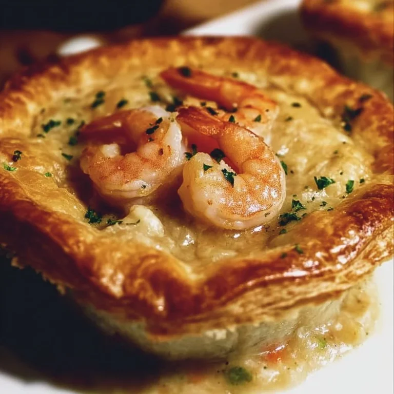 Delicious seafood pot pie topped with flaky crust and savory filling