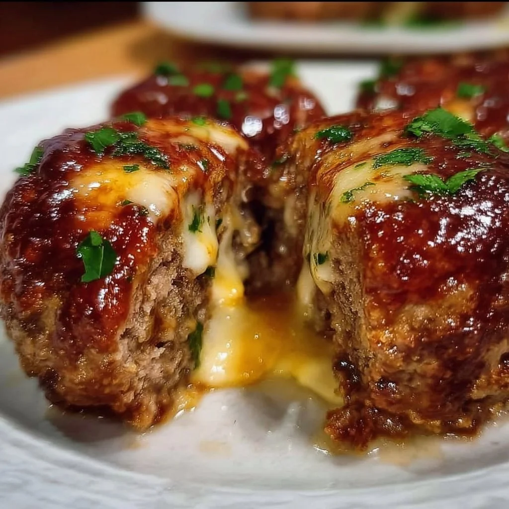 Delicious ultimate gooey cheesy stuffed meatloaf bites on a serving platter