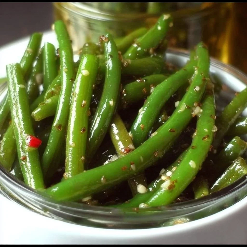 Zesty Garlic Green Beans in a bowl, showcasing vibrant green color and garlic seasoning.