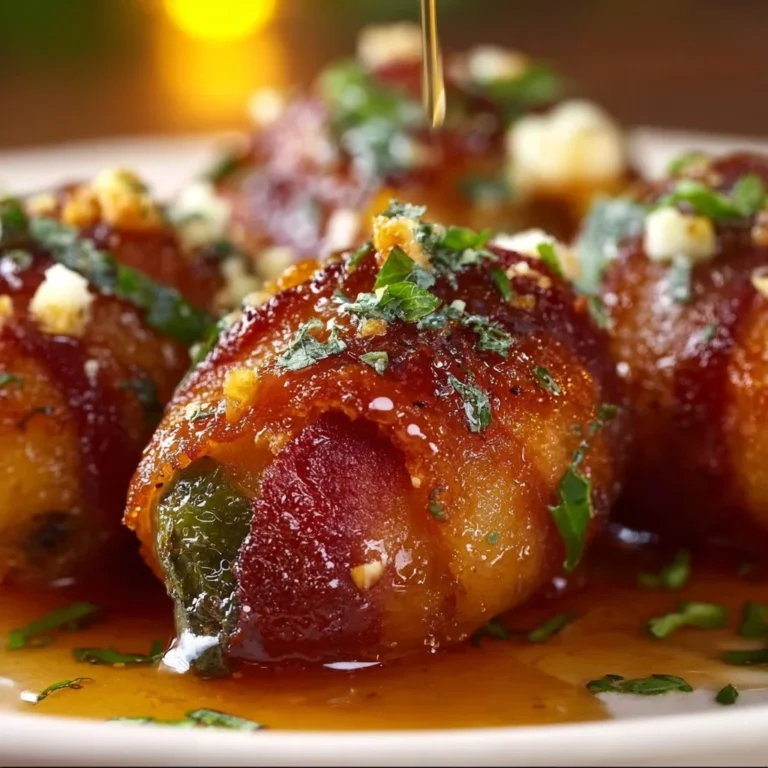 Bacon-wrapped jalapeño poppers with honey drizzle on a serving platter.