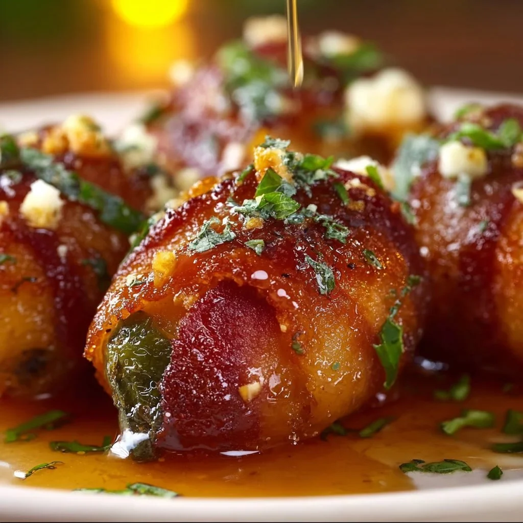 Bacon-wrapped jalapeño poppers with honey drizzle on a serving platter.