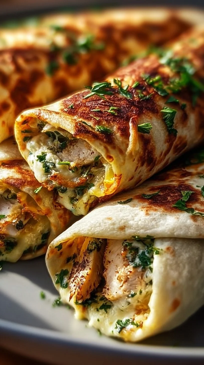 Baked cheese and garlic chicken wraps with fresh herbs on a plate.