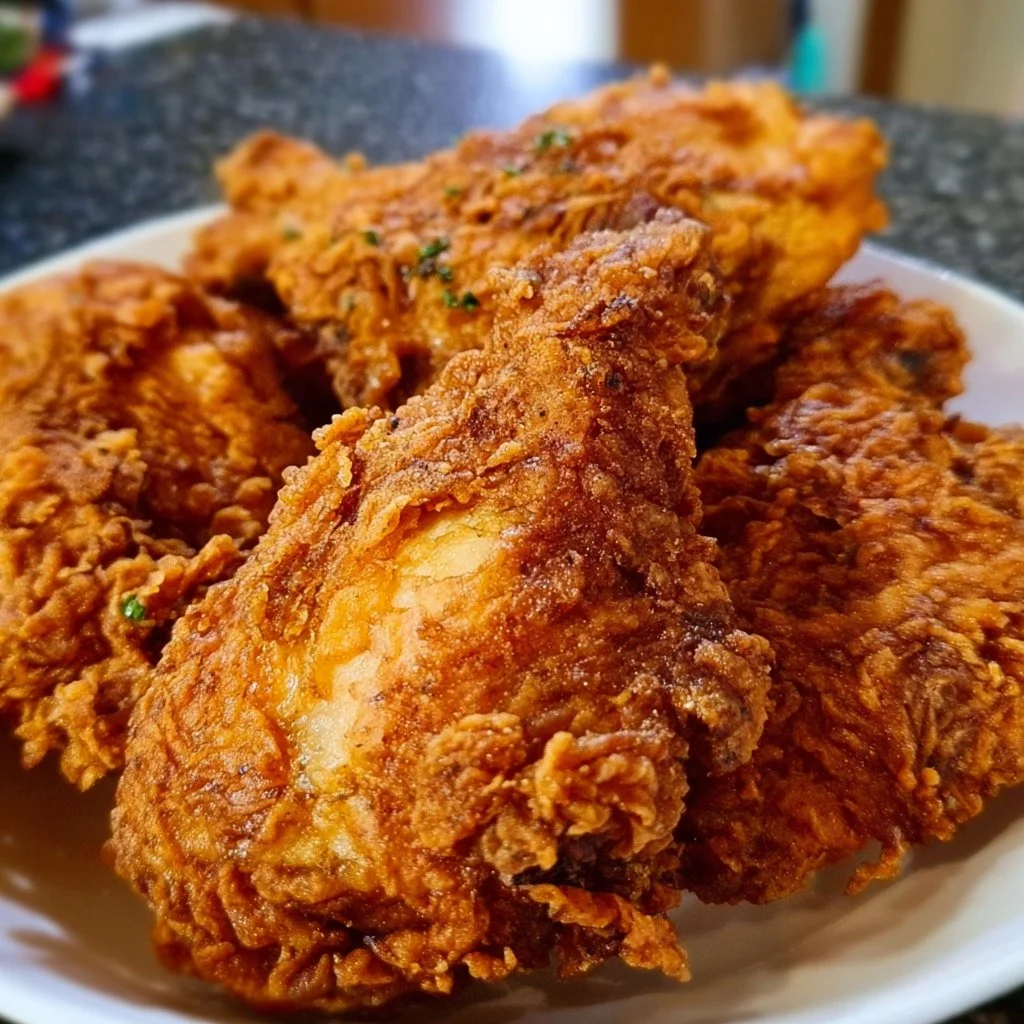 Plate of crispy fried chicken with golden brown coating