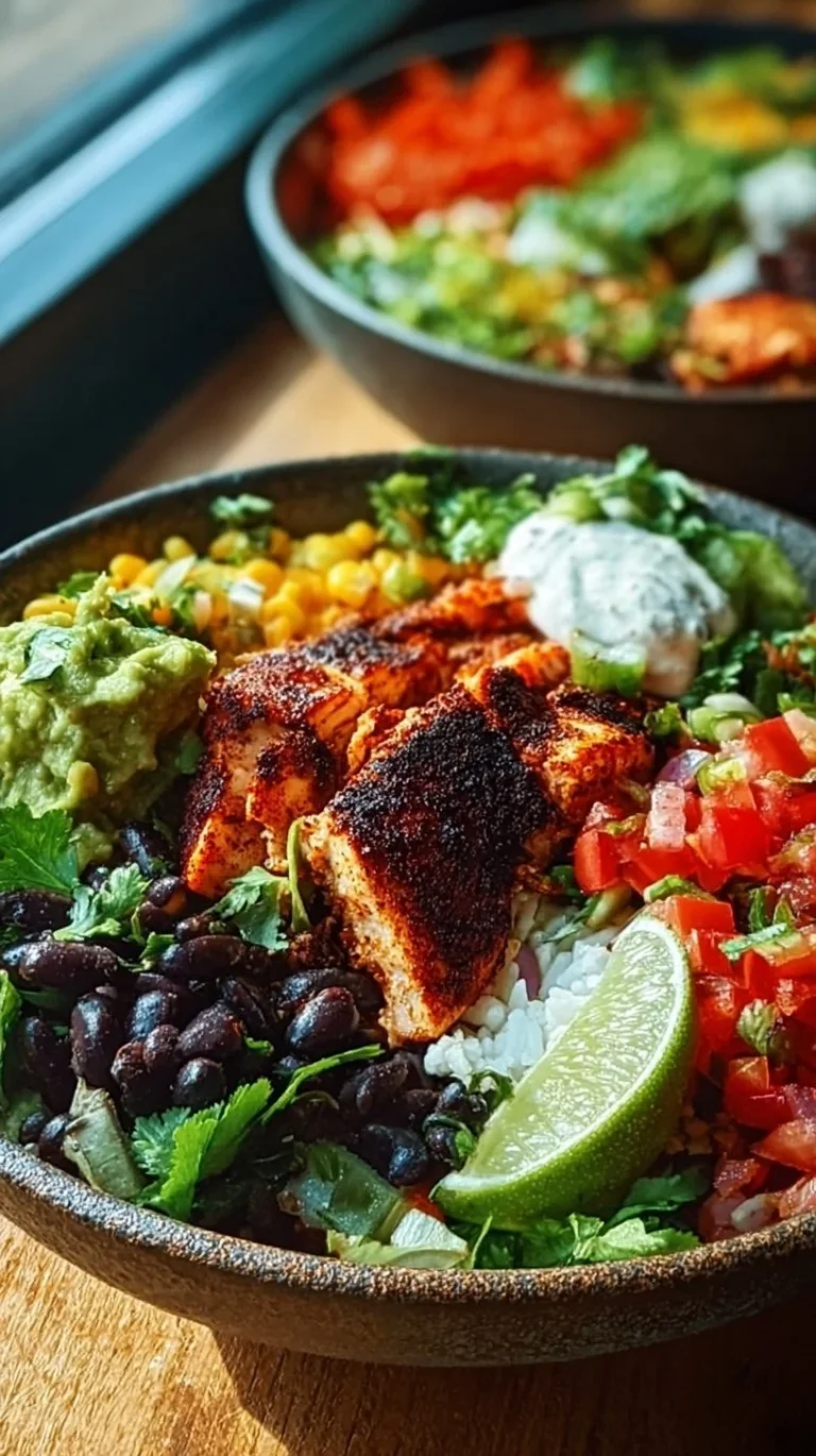 Delicious blackened fish taco bowls served with fresh toppings and lime wedges.
