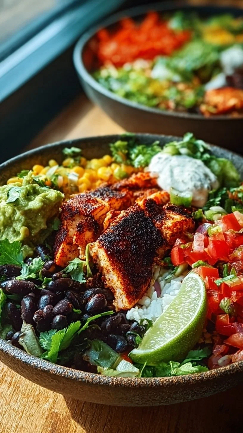 Delicious blackened fish taco bowls served with fresh toppings and lime wedges.