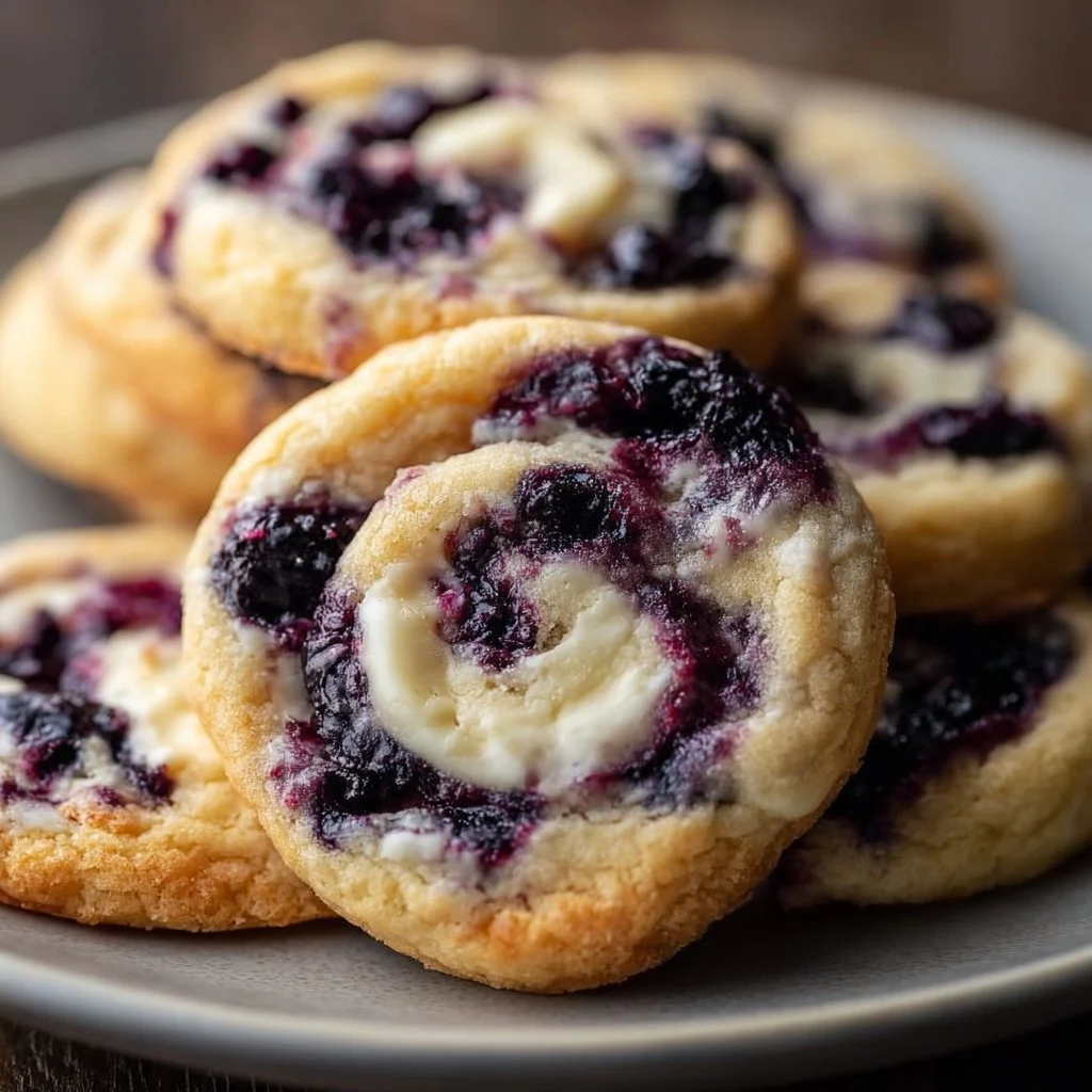 Blueberry cheesecake swirl cookies on a white plate with blueberries