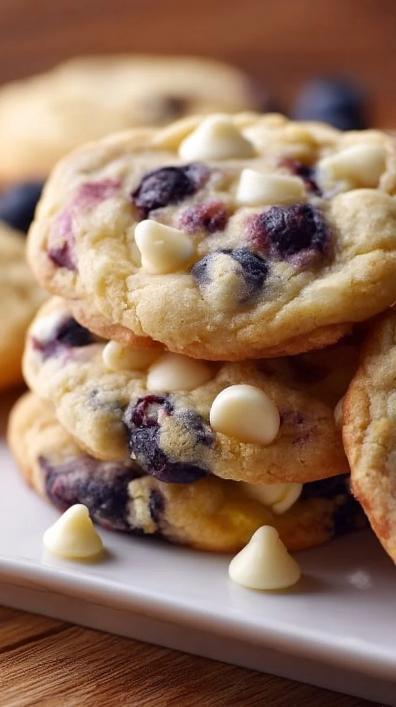 Blueberry lemon white chocolate chip cookies on a plate