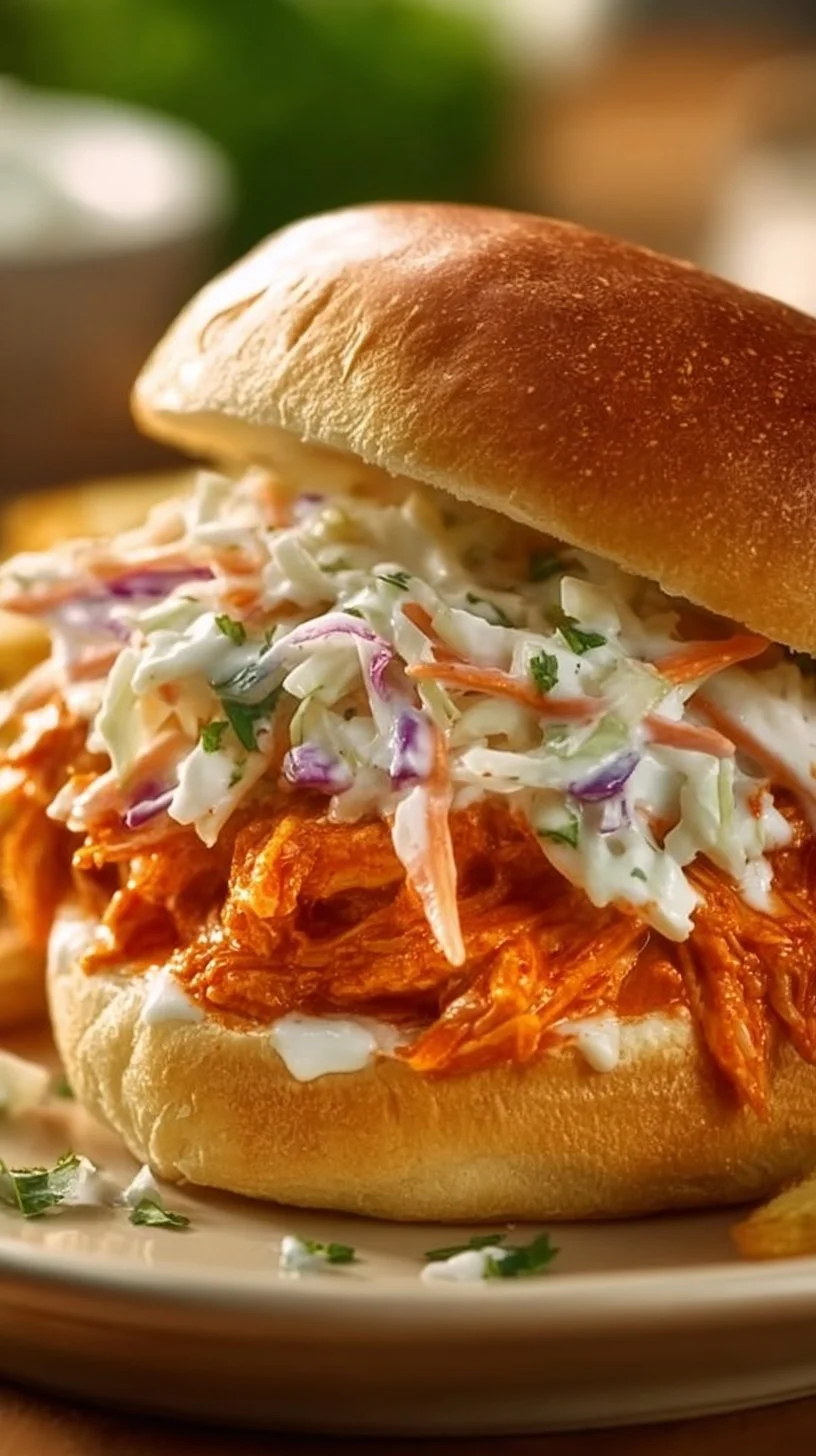 Buffalo Chicken Sandwich with Ranch Slaw served on a plate