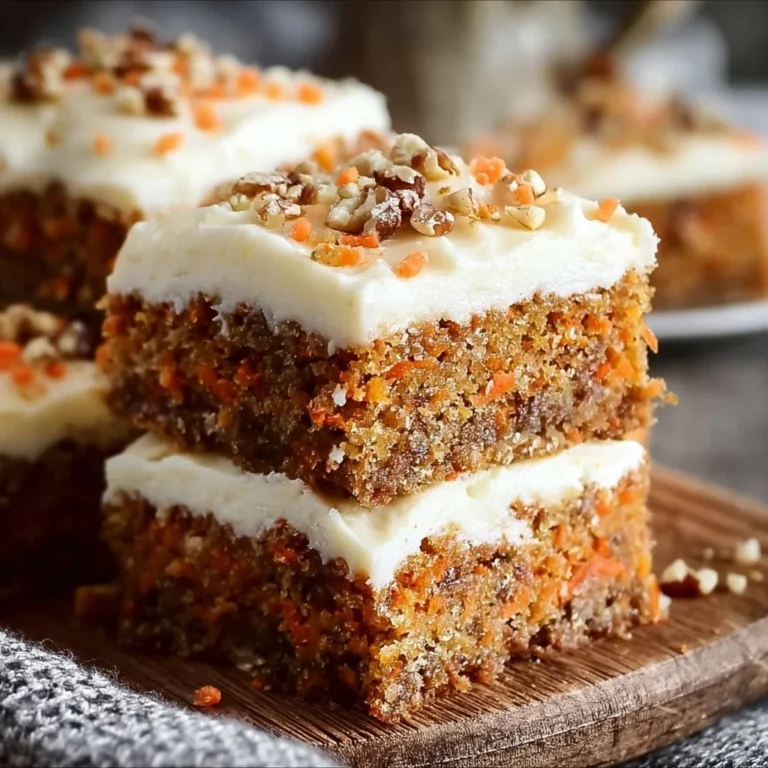 Delicious carrot cake bars topped with cream cheese frosting on a baking tray