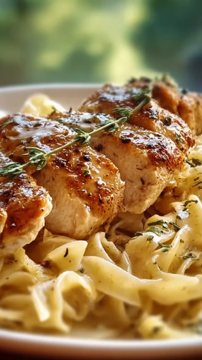 Plate of chicken served with buttered noodles garnished with herbs