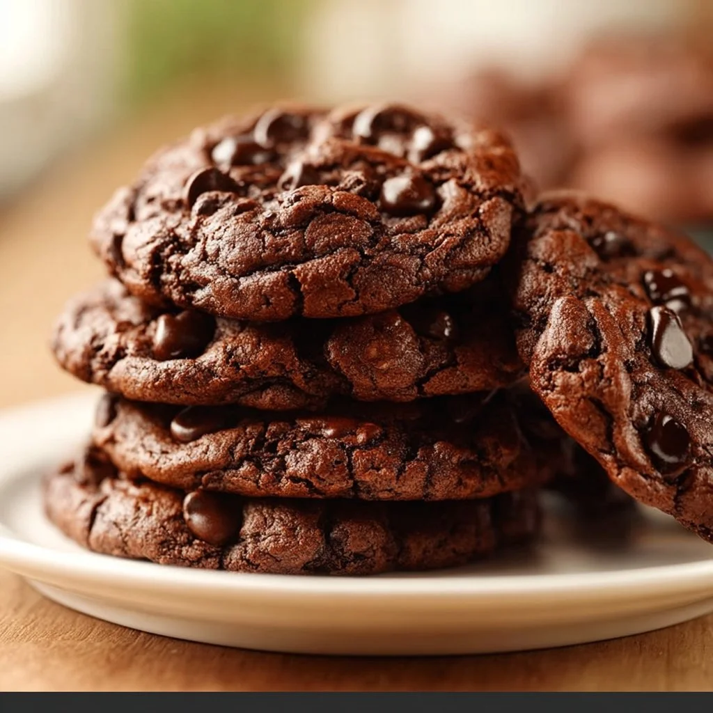 Delicious double chocolate chip cookies stacked on a plate.
