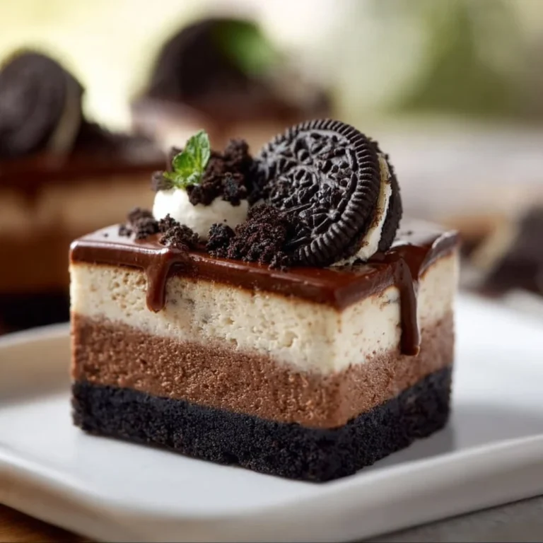 Delicious Chocolate Oreo Cheesecake topped with crushed Oreos and chocolate ganache