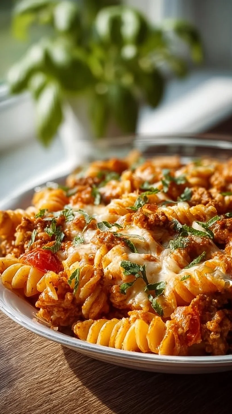 Delicious Cottage Cheese Protein Pasta Bake topped with herbs and cheese.