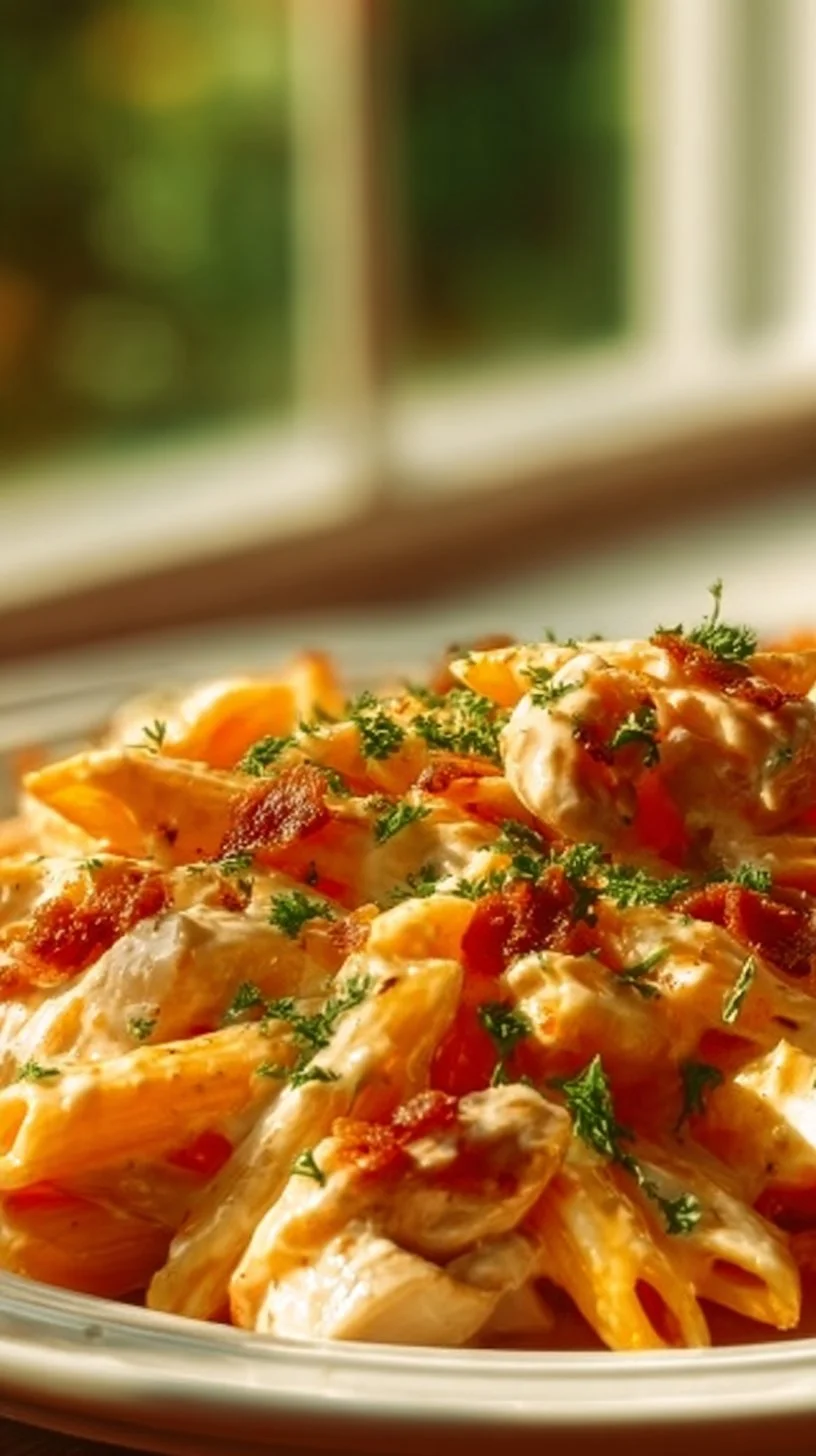 Delicious Crack Chicken Penne served in a creamy sauce with herbs and spices