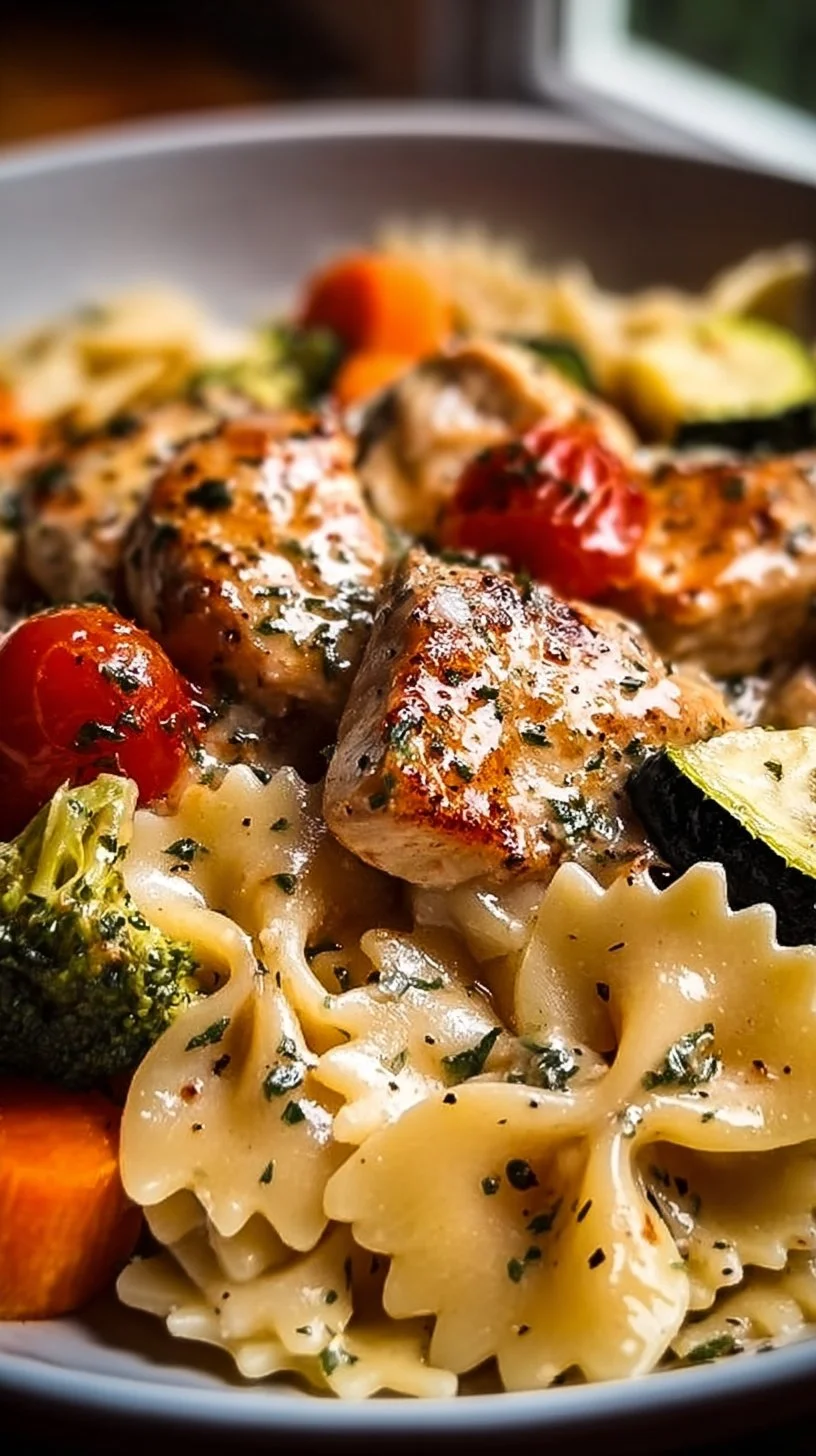 Creamy Cheddar Havarti Chicken Pasta with roasted veggies in a bowl
