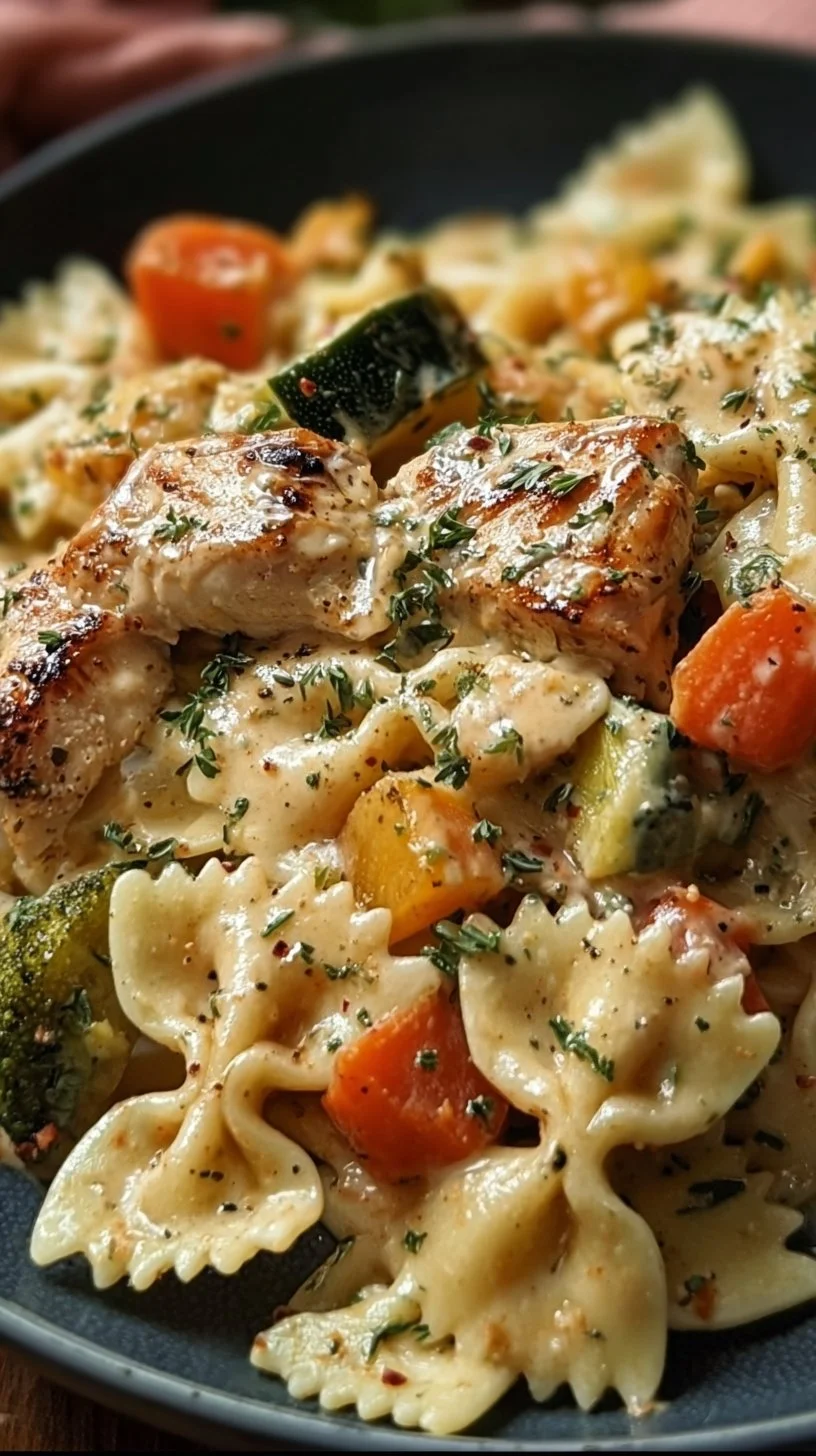 Creamy Cheddar & Havarti Chicken Bowtie Pasta with Roasted Veggies