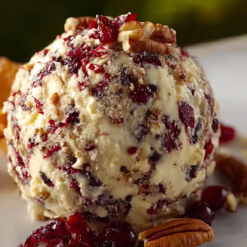 Creamy cranberry pecan cheese ball garnished with herbs for a festive appetizer