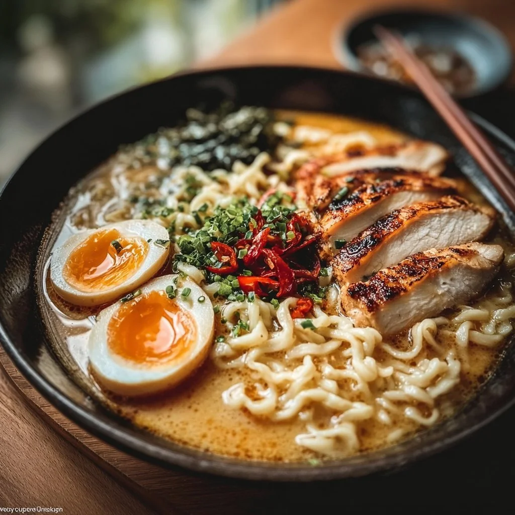 Bowl of creamy garlic chicken ramen garnished with green onions and spices