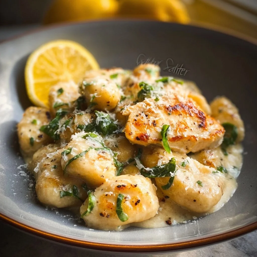 Creamy lemon parmesan chicken gnocchi served in a bowl with fresh herbs