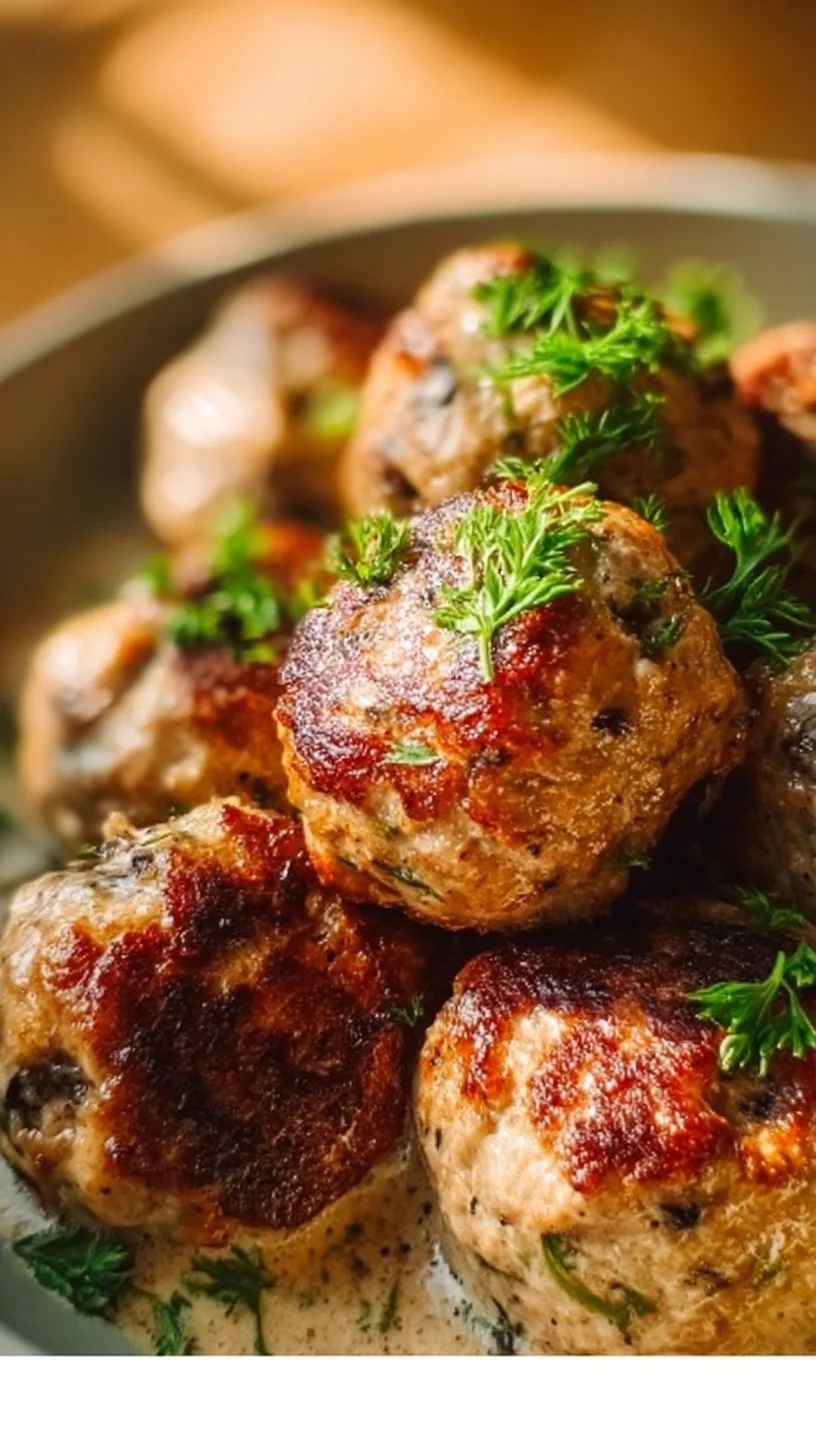 Creamy mushroom chicken meatballs served on a plate with sauce and herbs
