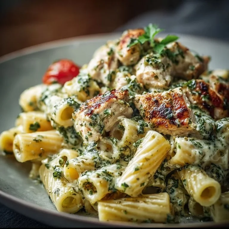 Creamy pesto chicken pasta served in a bowl with basil garnish