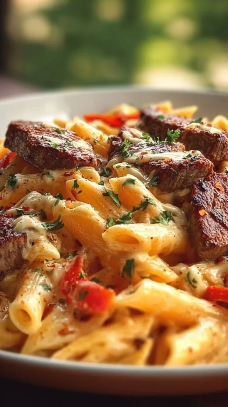 Delicious creamy white cheddar cajun steak penne served in a colorful bowl