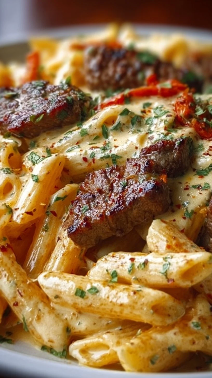 Creamy White Cheddar Cajun Steak Penne